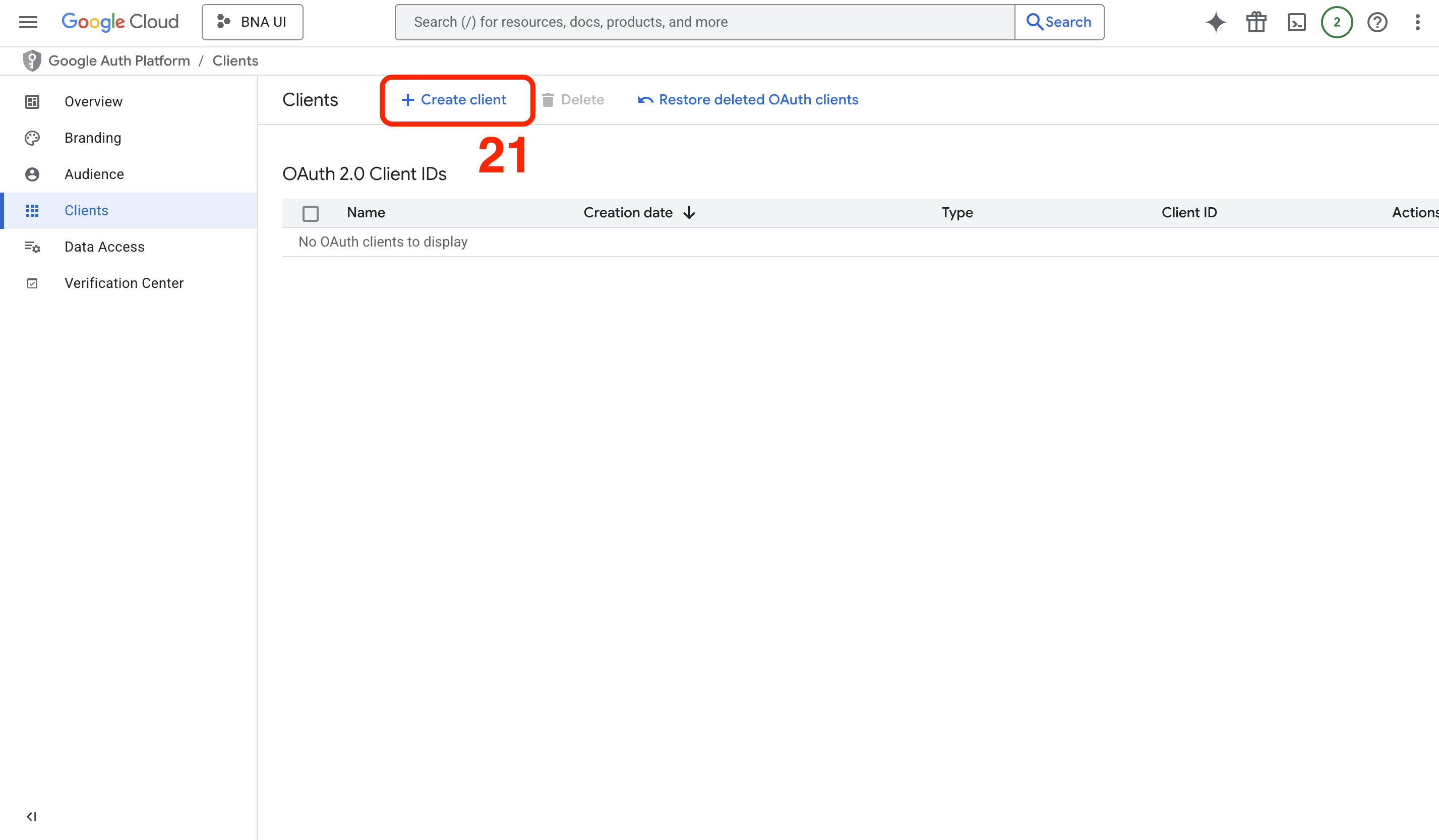 Selecting OAuth client ID from dropdown